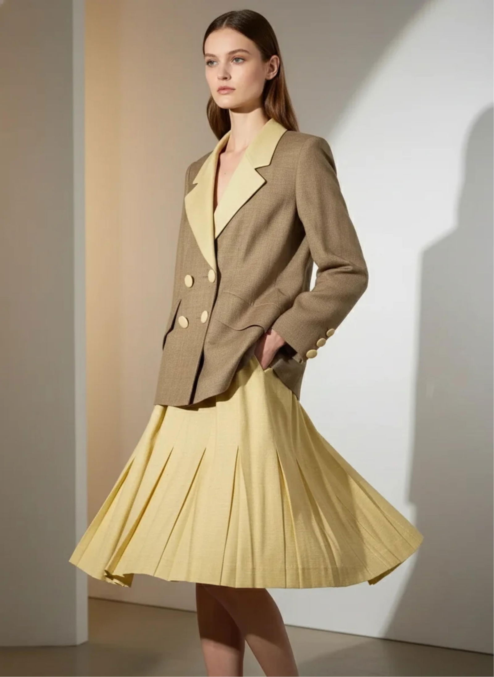 Patrick Daquet, Paris 100% Silk Skirt Suit Ensemble with Jacket: Keywords: Late 20th Century Fashion, Parisian Couture Style, European Designer Wear, Luxury Tailoring, Flared Skirt, Pleated Skirt Design, Double-Breasted Jacket Style,Natural Fiber Textile, Classic F