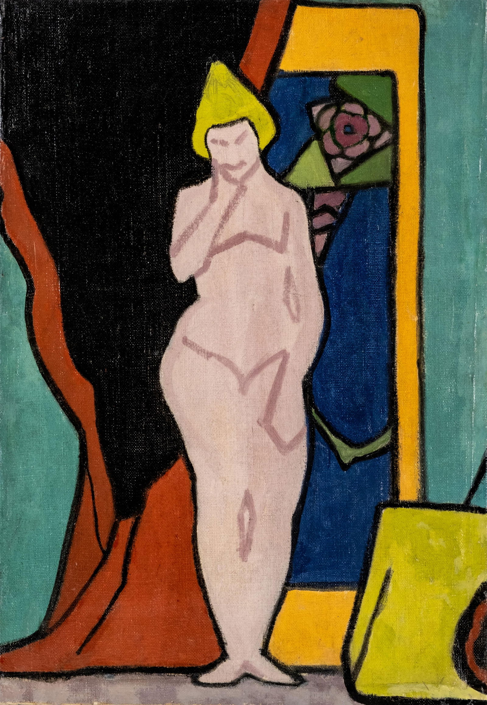 French School, Contemporary Modernist Nude Oil On Canvas Painting, 20th Century: Keywords: modern art, expressionist style, European school, 20th century, figurative composition, decorative wall art, gallery artwork, abstractNO RESERVE Quality French School, standing nude, oil on