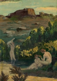 Symbolist Impressionist Nude Bathers Landscape Oil On Canvas Painting, Early 20th Century