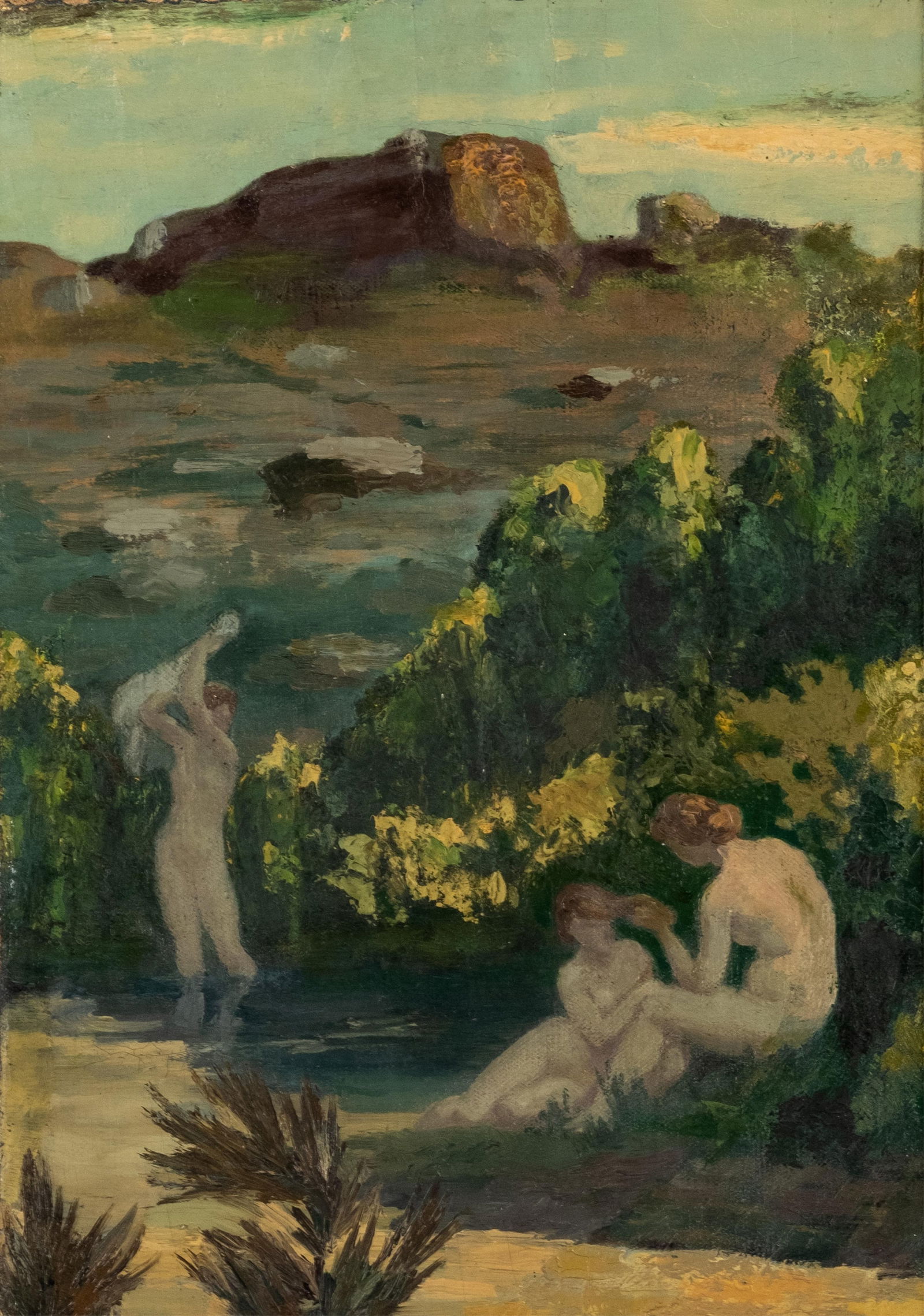Symbolist Impressionist Nude Bathers Landscape Oil On Canvas Painting, Early 20th Century: Keywords: European school, impressionist, Symbolist School, The Three Bathers, Oil on Canvas, decorative wall art, mythologicalNO RESERVE Symbolist French Oil on canvas painting depicting a landscape