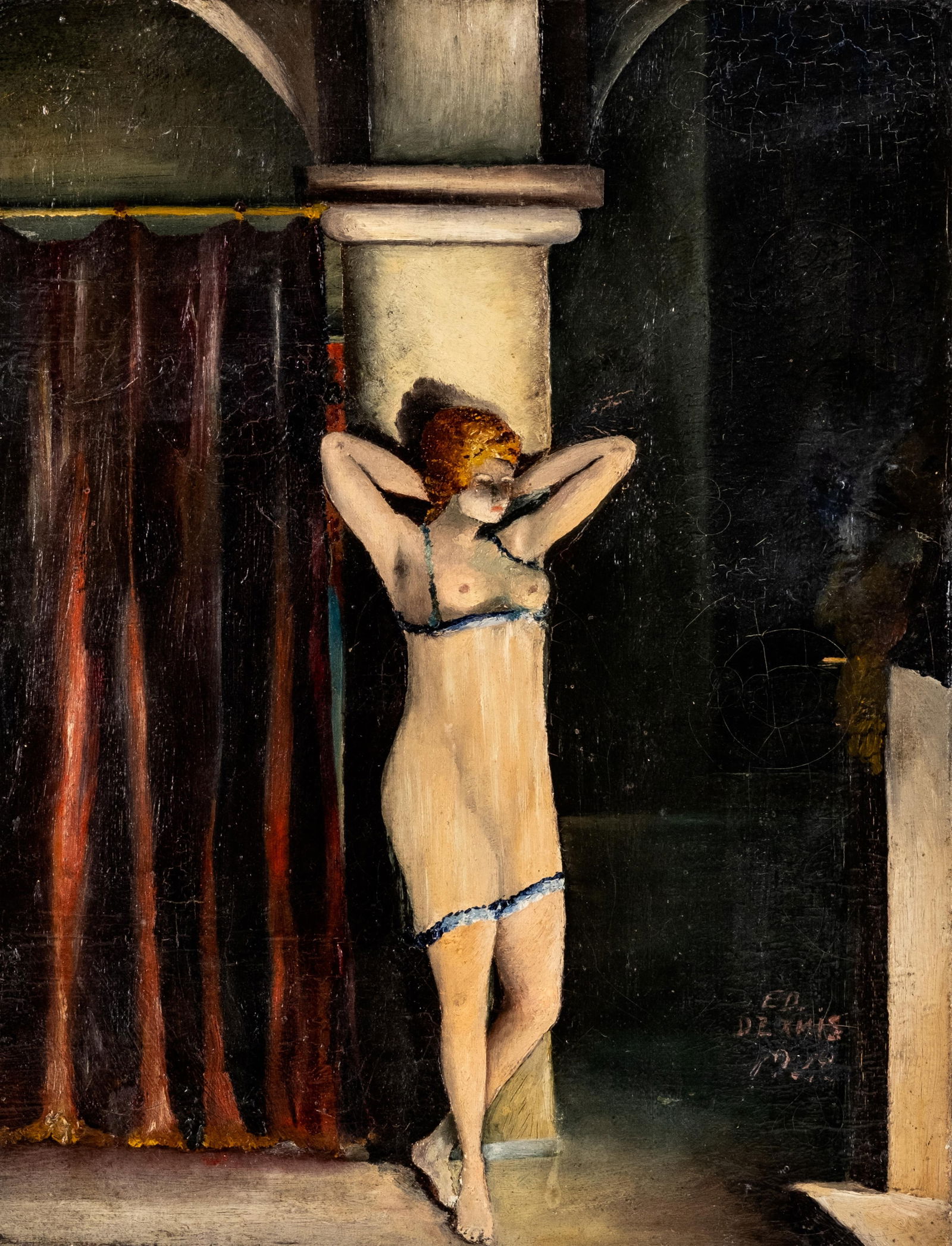 Early 20th Century Signed Painting of a Woman, Oil on Canvas, Dated 1928: Keywords: female nude, showgirl, bathing scene, interior figure, early modern painting, French figurative art, intimate interior, classical nude, 1920s art, European schoolNO RESERVE oil on canvas pai