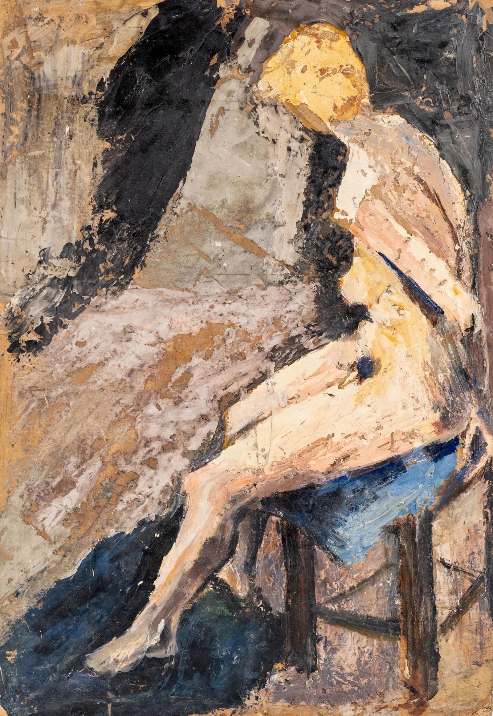 Albert Flocon Impasto Nude Study Painting, Oil on Board, of Alice Casson c. 1940: Keywords: École de Paris, impasto, palette-knife handling, figure study, seated model, studio interior, expressionist texture, ochre–slate palette, verso sketch, Saint-Germain-des-Prés, modern fig