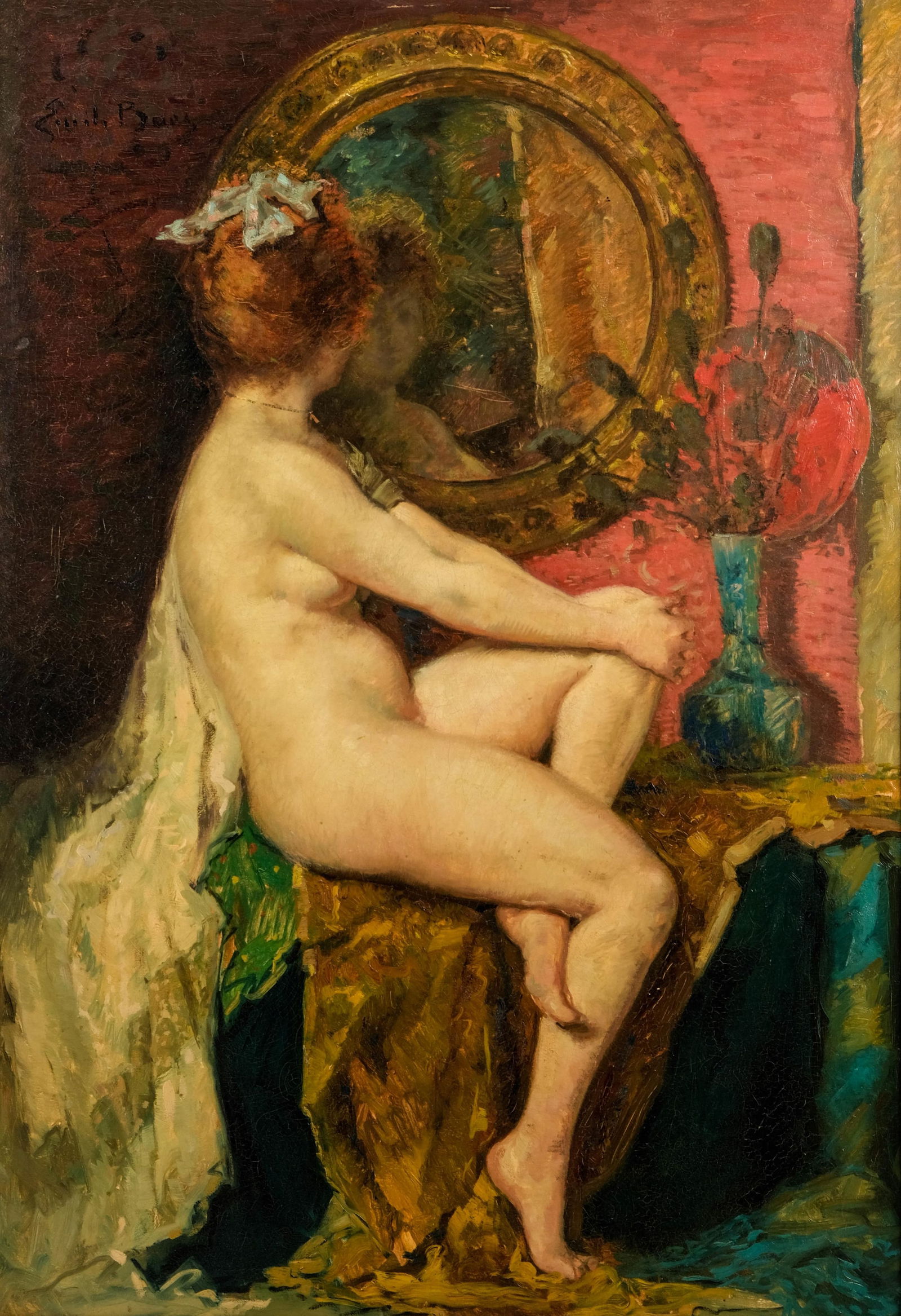 Emile Baes Large Academic Nude Oil on Canvas Painting, Circa 1900, Signed: Keywords: antique nude oil painting, early 20th century art, Belle Époque painting, Belgian artist, fine art, oil on canvas, classical realism, Art Nouveau, salon painting, romantic interior scene, c