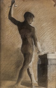 French School Signed, Male Nude Figure Study Painting, Signed *Mars* Dated 1908