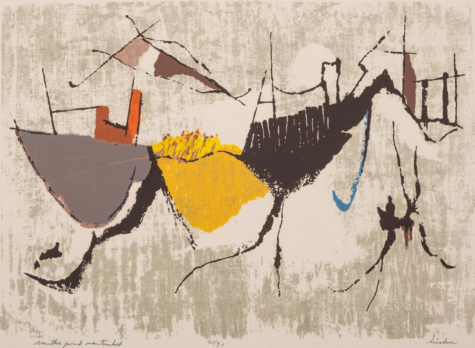 Mystery Artist Signed Abstract Limited Edition Lithograph, Mid-20th Century: Keywords: mid-century abstract, limited edition print, modernist lithograph, signed print, 20th century art, abstract composition, numbered edition, modern graphic art, geometric abstraction, color fi