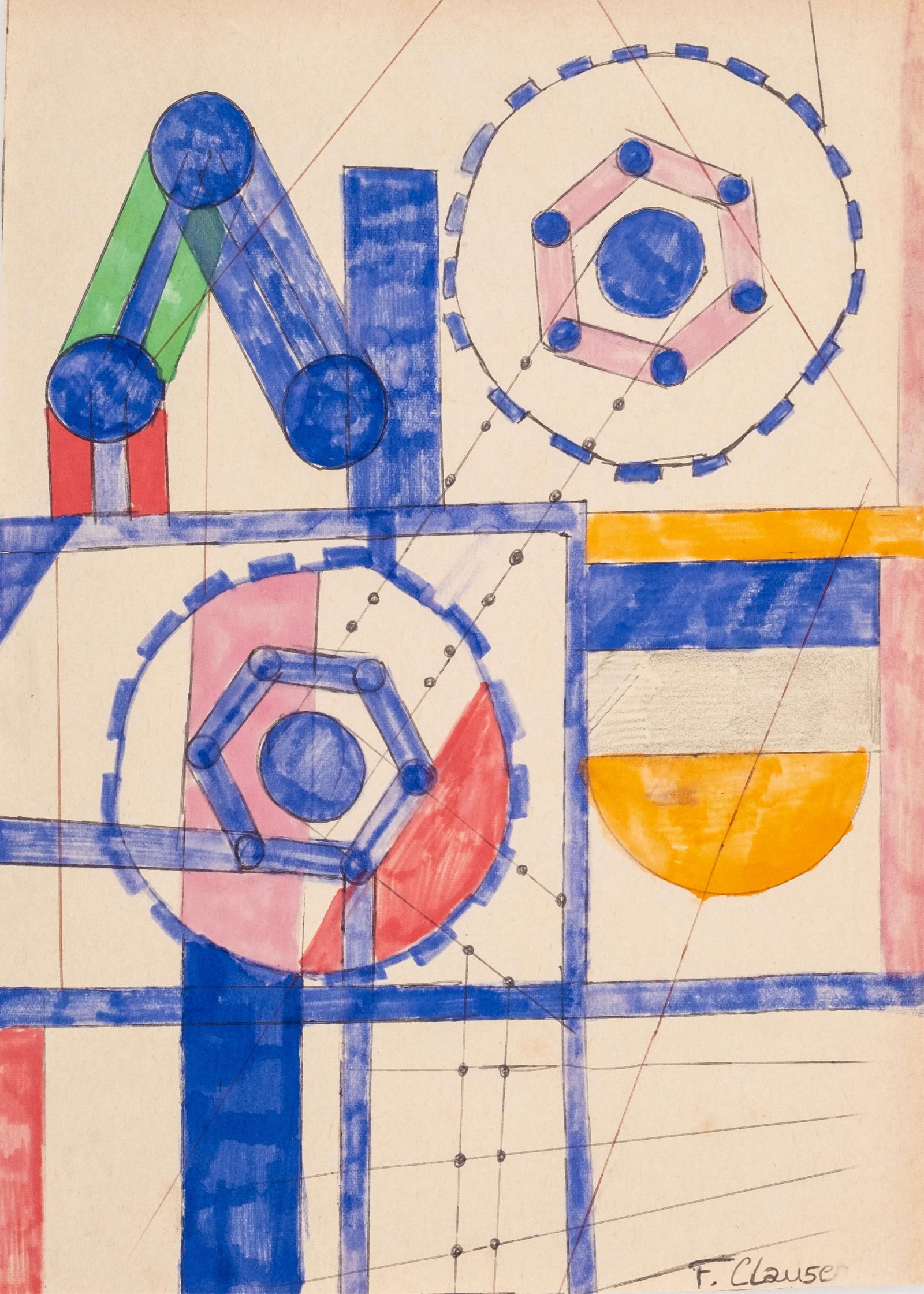 Franciska Clausen Futurist Abstract Painting on Paper, Signed geometric composition on paper (1 of 8)