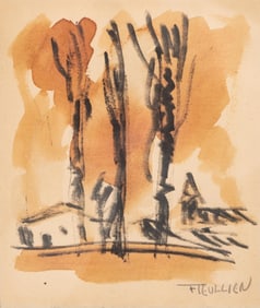 Bonaventure Fieullien French work Abstract Landscape, Signed Mixed Media on Paper, 20th Century
