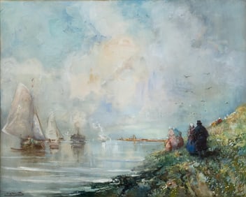 Alexandre Marcette Luminist Harbor Scene Oil on Canvas Painting, Signed