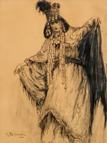 Gustave Flasschoen Art Nouveau Charcoal & Wash Painting, Signed