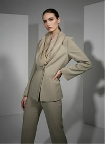 Gianne Franco Ferre, Taupe One-Button Blazer with Layered Chiffon Collar and Plunge Neckline