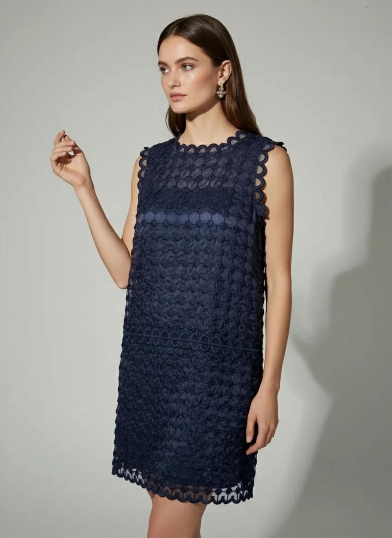 Valentino, Navy Blue Shift Dress with Tags and Valentino Hanger, Size IT42: Keywords: Italian haute couture, contemporary fashion movement, early 21st century, sleeveless tailored dress, scalloped edge, straight silhouette cocktail dress, modern elegance aesthetic, runway
