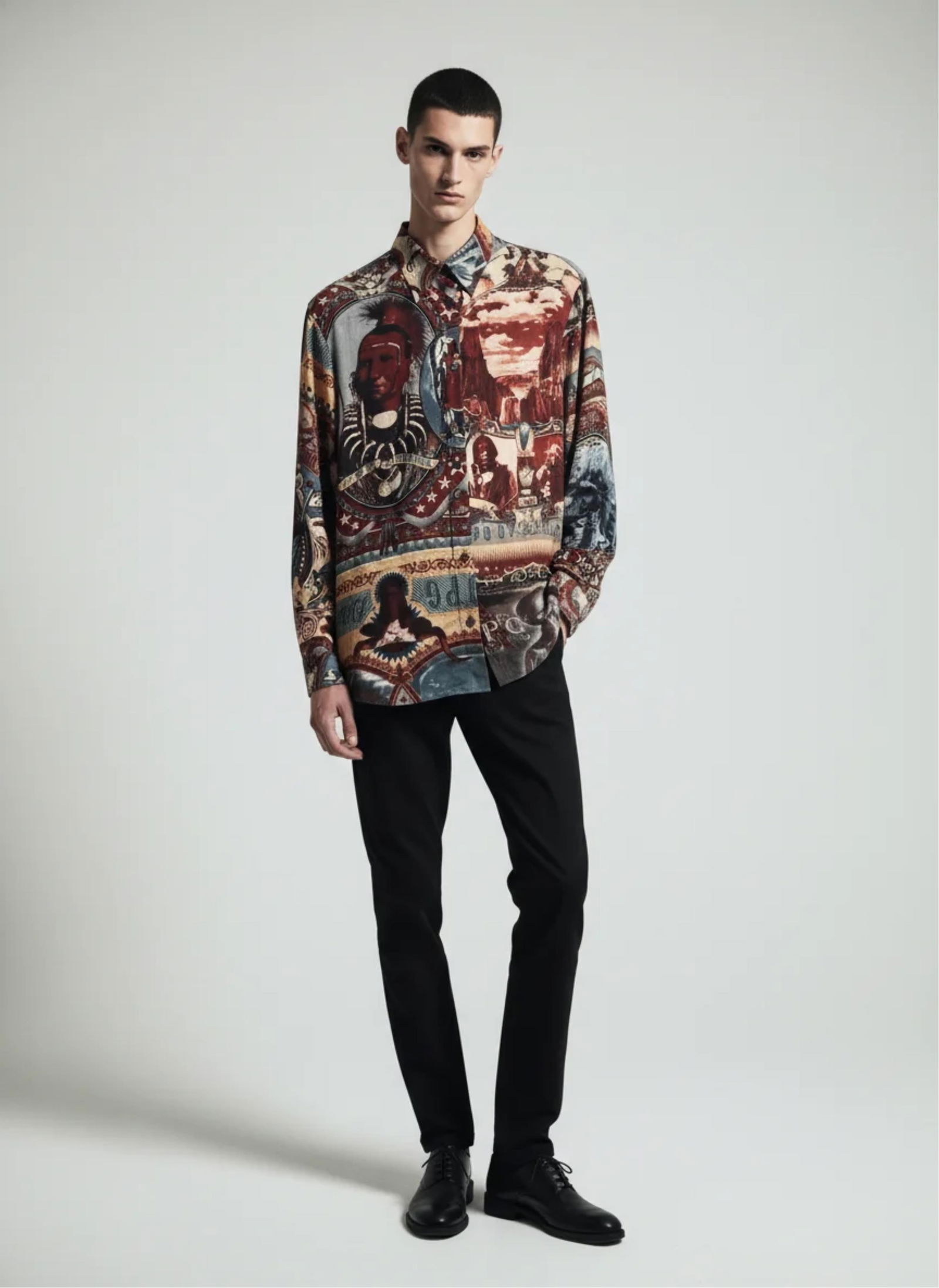 Jean Paul Gaultier, Native American Print "Democratic" Long Sleeve Shirt: Keywords: French avant-garde fashion, postmodern design movement, late 20th century, tailored menswear construction, all-over graphic motif, eclectic runway style, art-inspired fashion, statement