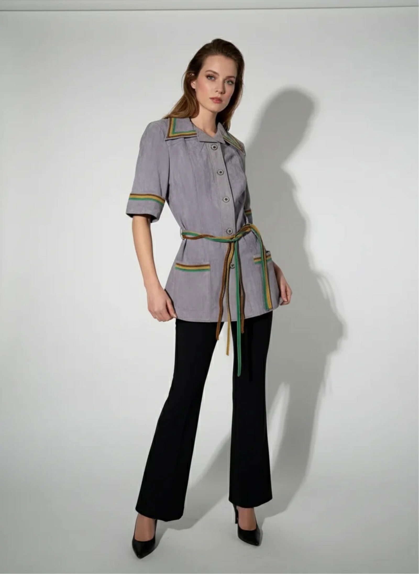 Mura Made in France Very Vintage Suede Jacket with Leather Belt and Ceramic Buttons: Keywords: French vintage fashion, mid 20th century, tailored jacket, belted waist, retro chic aesthetic, European couture influence, refined casual tailoring, Rare Fashion Auction, Pre-Owned Luxury