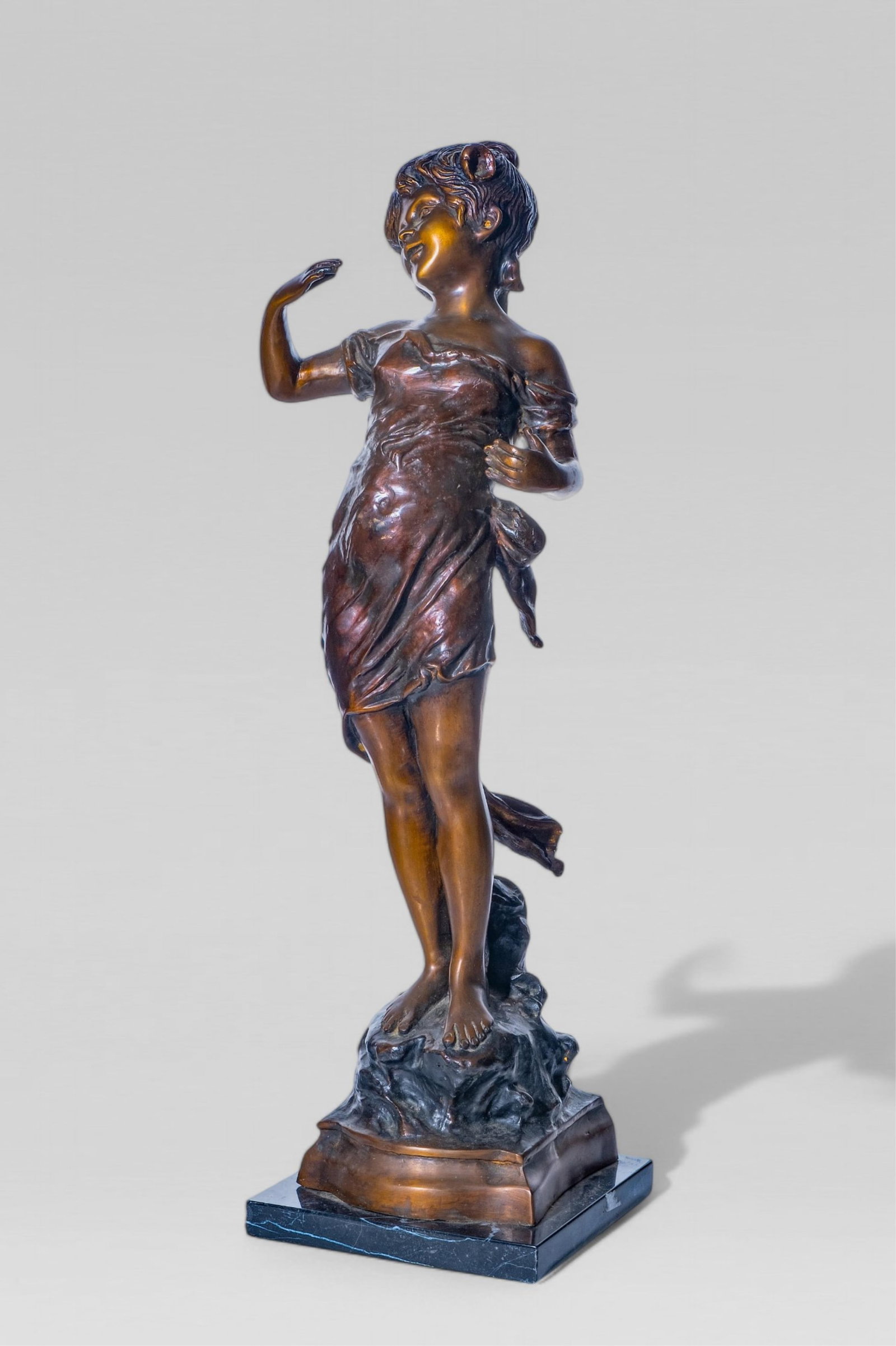 After Auguste Moreau (French 1834-1917)French Art Nouveau Patinated Tall 2ft Bronze Figural: Keywords: belle epoque, romanticism, neoclassical revival, academic sculpture, 19th century fine art, auguste moreau style, mathurin moreau style, jean-baptiste carpeaux style, salon sculpture,