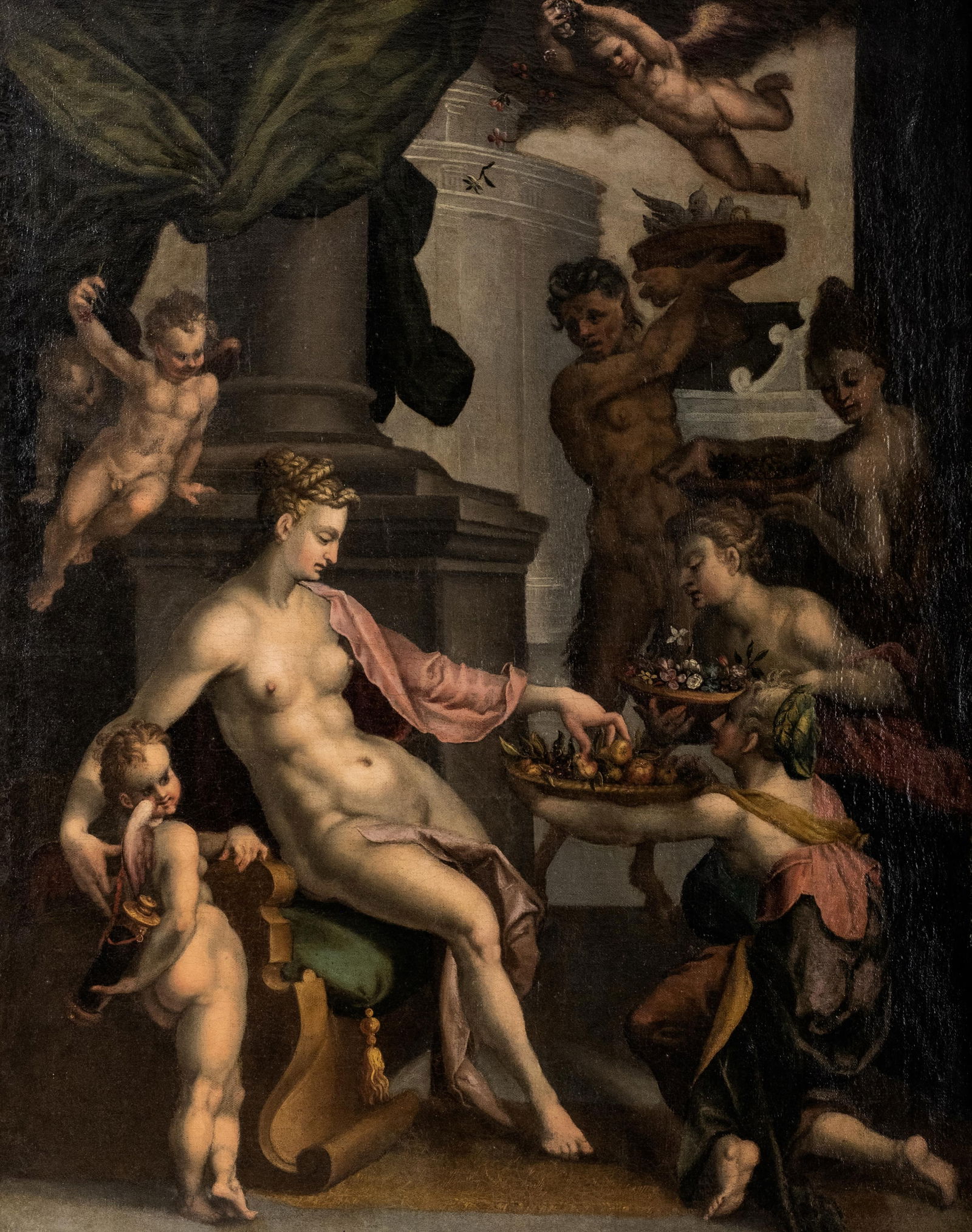 Bartholomeus Spranger Venus Honored by Nymphs Oil on Canvas Painting, 17th Century: Keywords: mythological scene, Venus, nymphs, classical mythology, Prague court style, late Renaissance, erotic allegory, figurative painting, imperial Mannerism NO RESERVE. Bartholomeus Spranger, oil