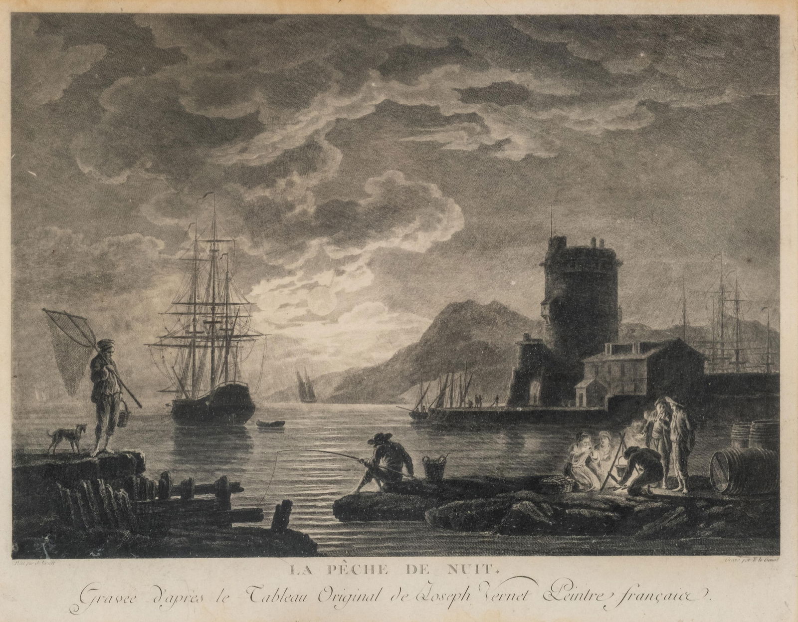 Joseph Vernet French 18th C. *La Pêche De Nuit* Maritime Scene Engraving: Keyword: maritime seascape, harbor at dusk, sailing ship, fishermen, coastal fortress, dramatic clouds, nocturne scene, Old Master print, intaglio print, etched linework, framed wall art, European