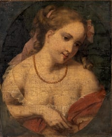 French 17th or early 18th C. Young Maiden Portrait Oil Painting