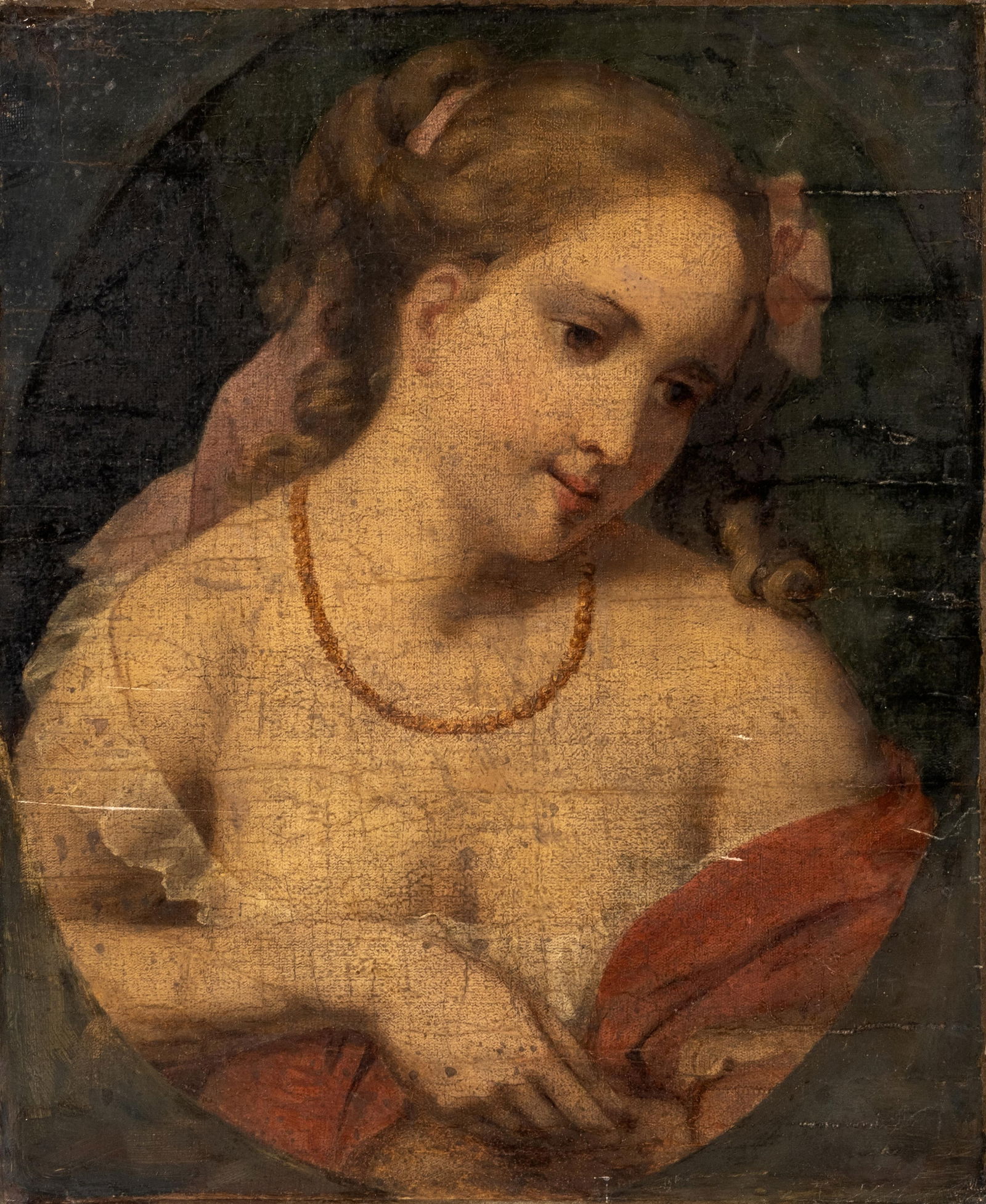 French 17th or early 18th C. Young Maiden Portrait Oil Painting: Keywords: Old Master, Rococo style, bust-length female figure, bare-shouldered, devotional or allegorical subject, antique European oil on canvas NO RESERVE. Wonderful French 17th or early