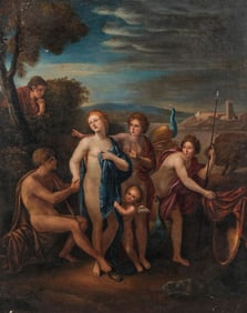 Mystery Artist: French School “The Judgment of Paris" Oil on Canvas Painting, 18th Century