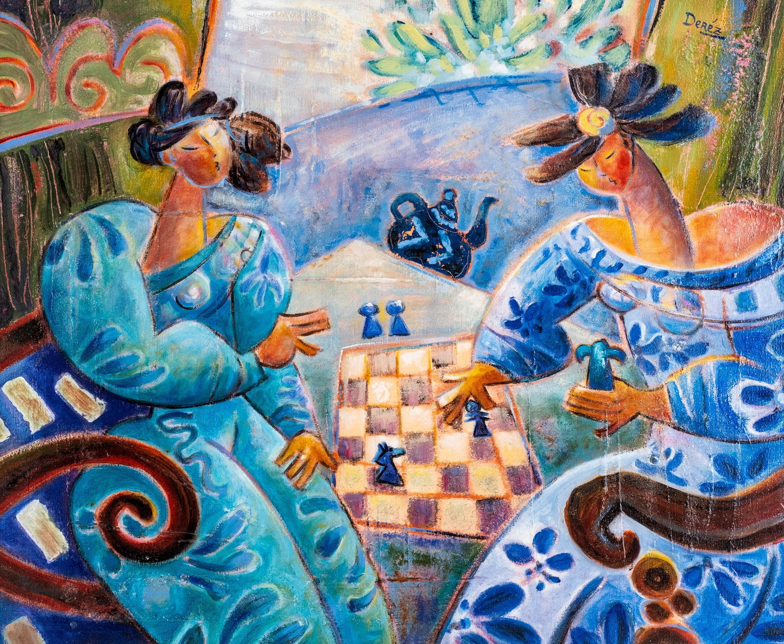Signed Derez Modernist Oil on Canvas Painting, 1994: Keywords: figurative, chessboard motif, modernist style, contemporary French school, female figures, post-Cubist influences, framed artworkNO RESERVE. Cecile Derez signed modernist oil on canvas paint