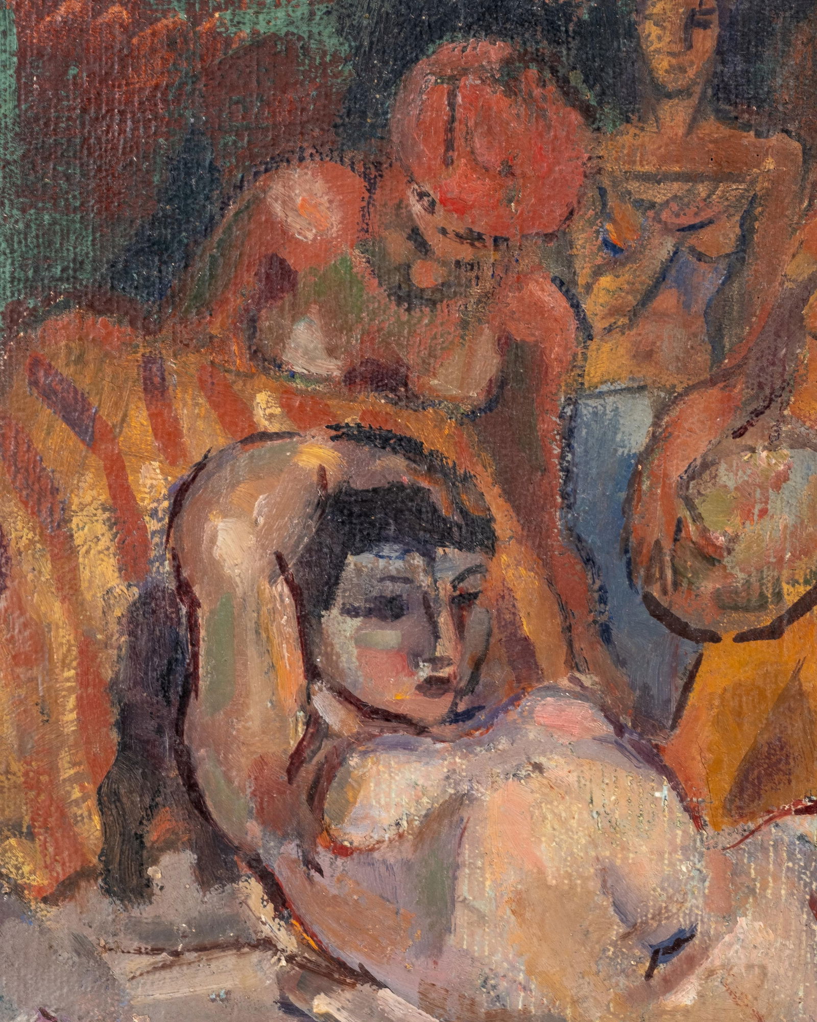 Albert Flocon, French 1941 Post Impressionist Oil Painting, Signed: Keywords: reclining nude, studio interior, figure group, atelier scene, female model, École de Paris, post-Cubist, Expressionist brushwork, Fauvist palette, twentieth-century figurative art, Paris mo