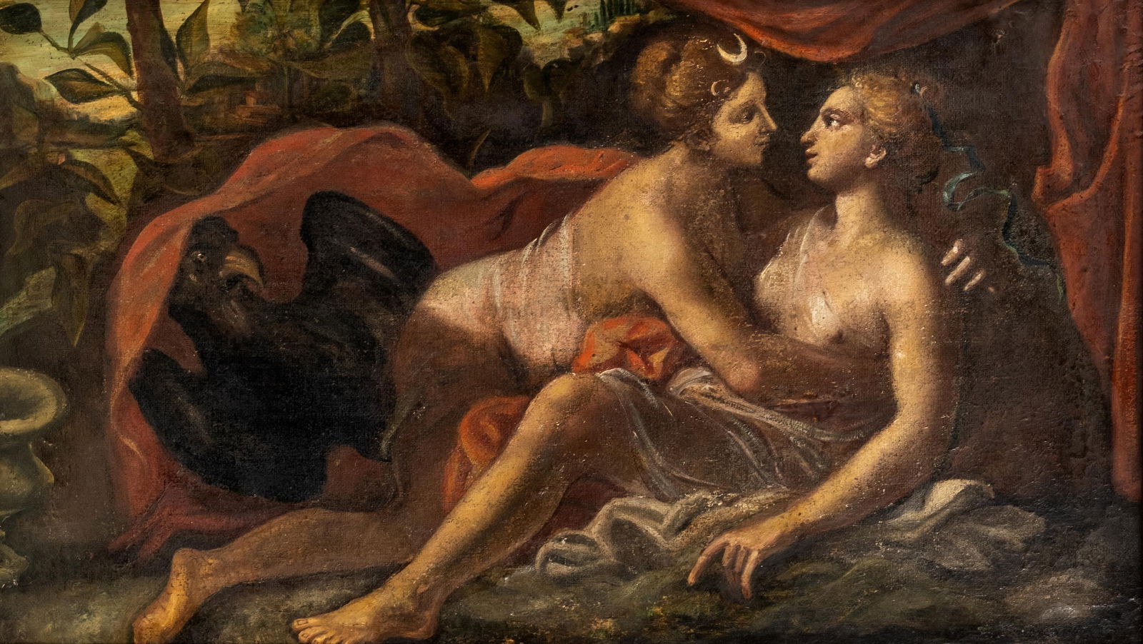 Italian School 17th Century Mythological Oil Painting, The Love of Diana: Keywords: Italian Baroque, mythological scene, Diana goddess, classical mythology, nymphs, allegorical painting, Old Master art, 17th century Italian art, classical nude, Baroque figural paintingItali