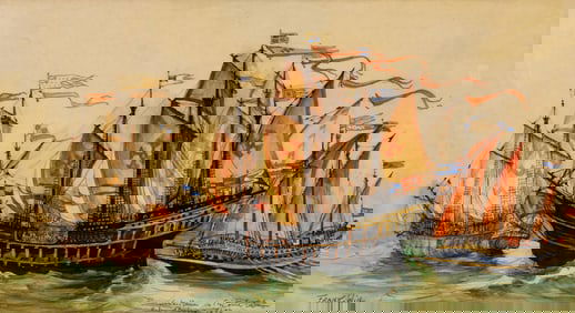 Frank Will Christopher Columbus Expedition Returning from America Watercolor and Gouache on Paper
