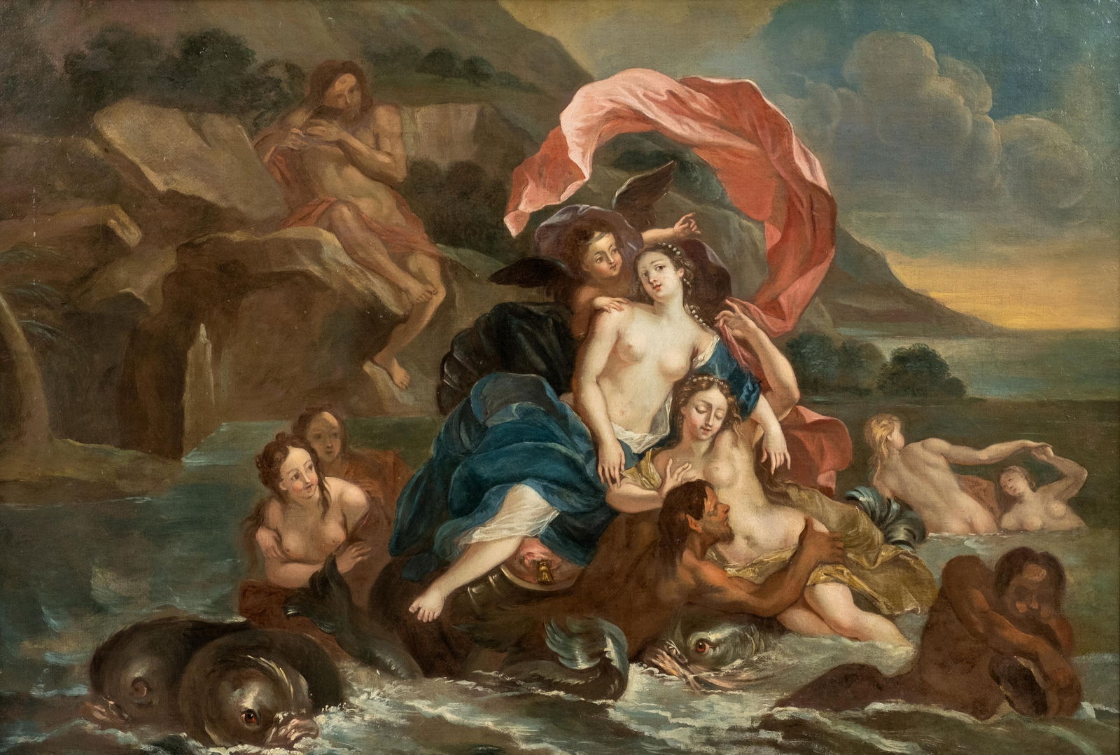 Antoine Coypel 17th Century French School Mythological Oil Painting, Galatea: Keywords: French Baroque, mythological scene, Galatea, sea nymph, classical mythology, marine gods, allegorical painting, Old Master art, 17th century French art, Baroque figural compositionImportant