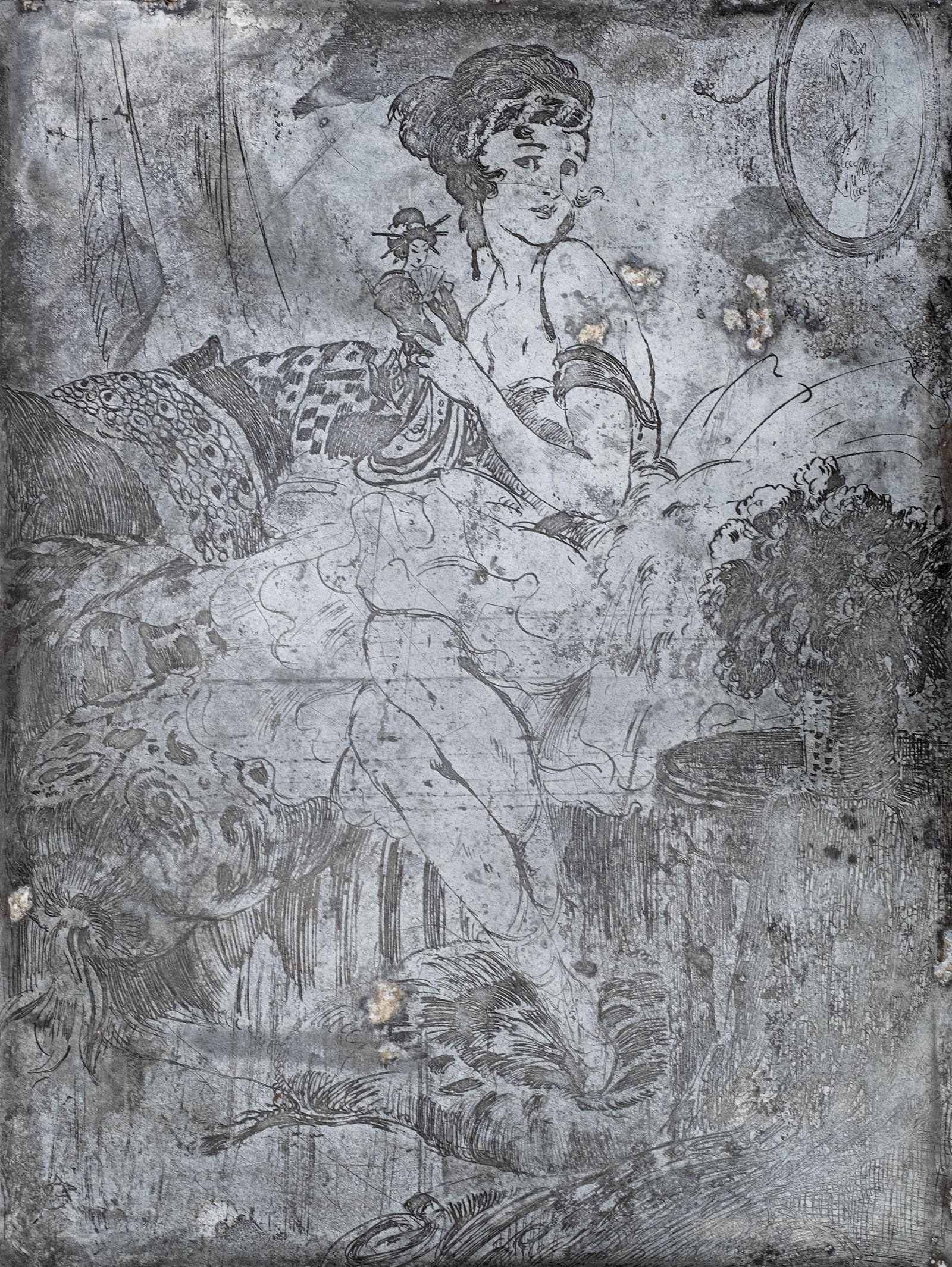 Alfred Stevens Zinc Etching Plate, Reclining Lady, Signed with Monogram “A.S. (1 of 9)