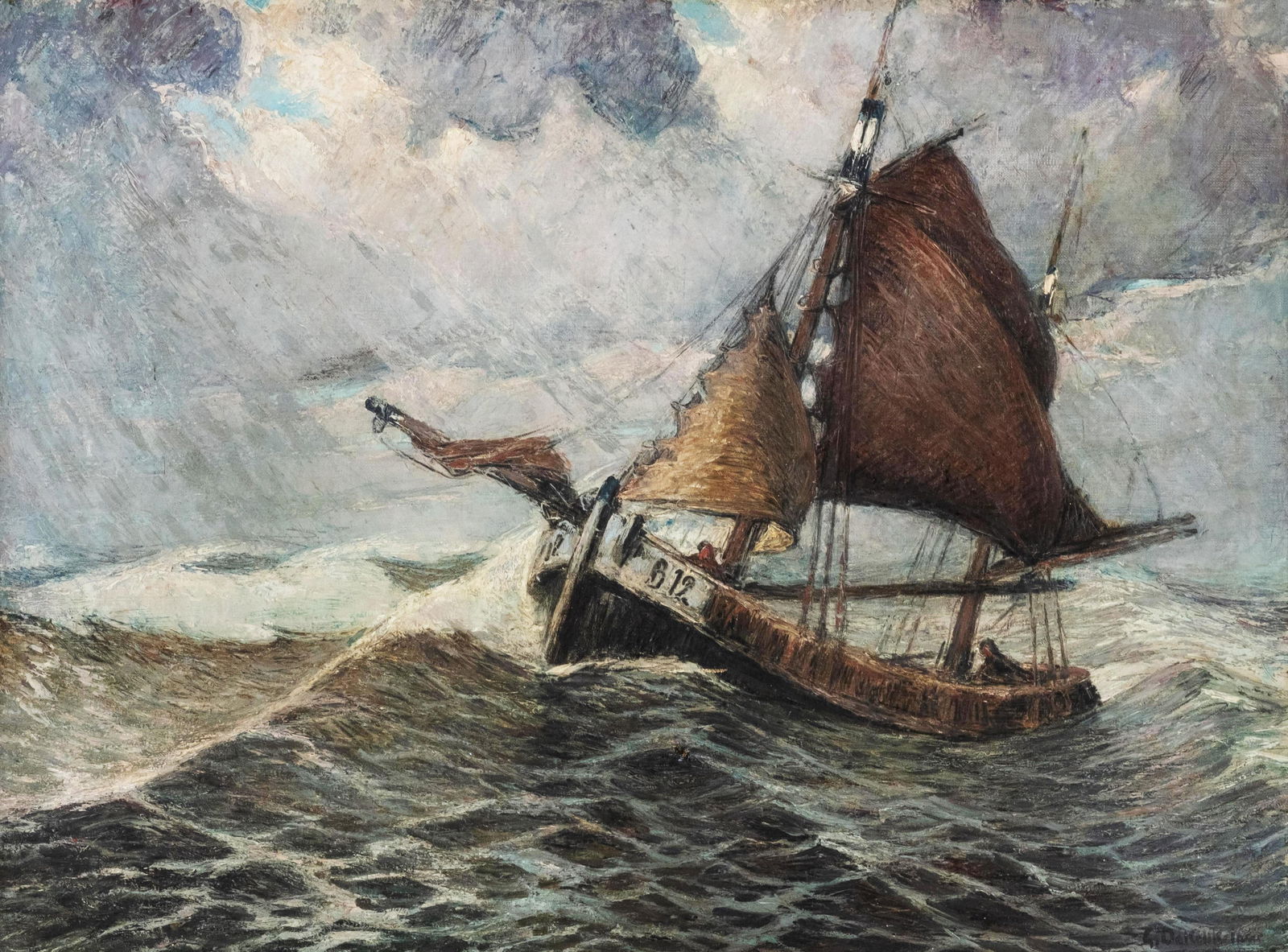 Gustave Dekeukeleare Belgian Marine Painting of Fishing Vessel, Early 20th Century: Keywords: Belgian marine painting, marine painting, seascape art, fishing boat, coastal scene, stormy sea, maritime art, European seascape, nautical painting, early 20th century artGustave Dekeukelaer