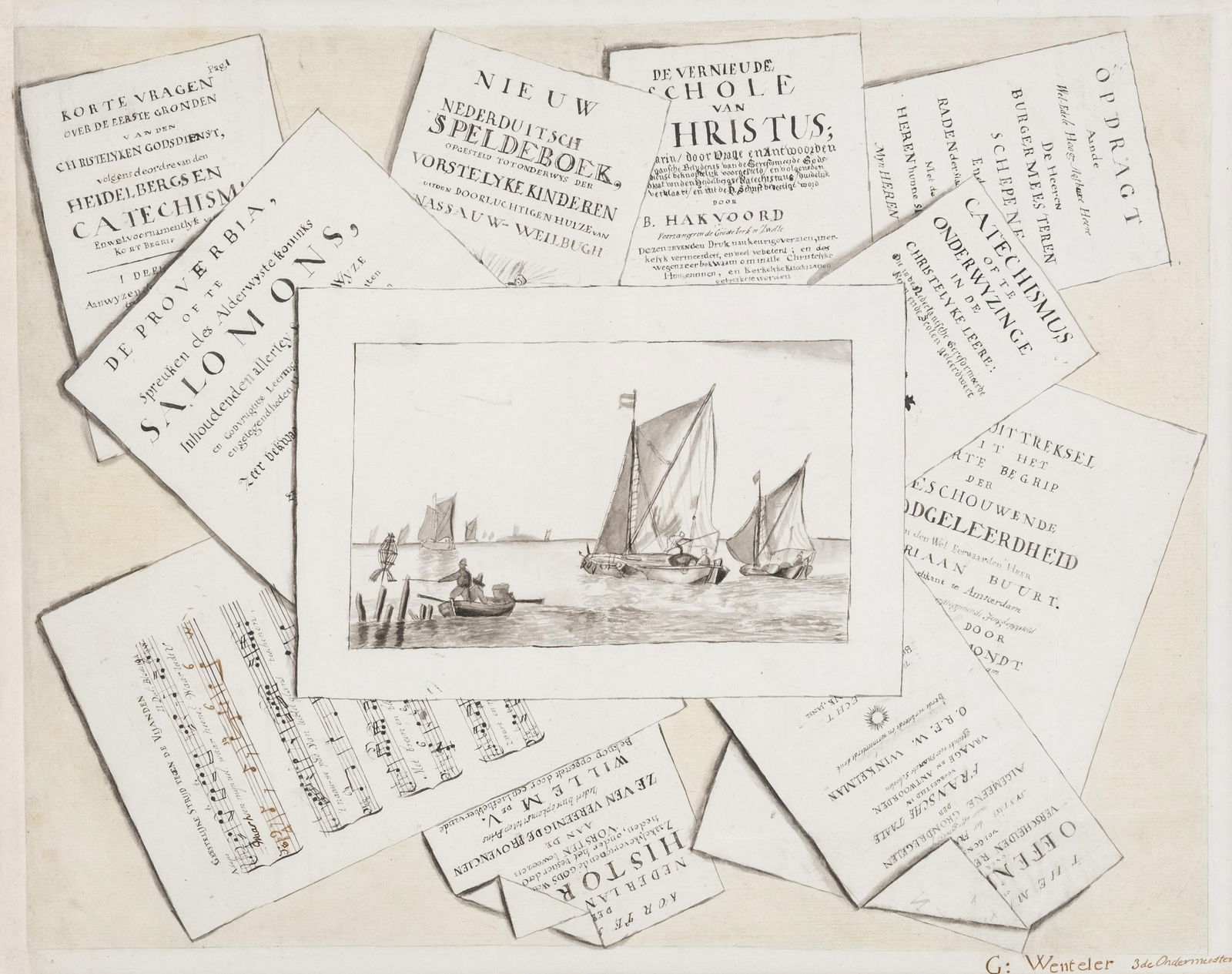 G. Wenteler Trompe-l'oeil Still Life, Wash and Watercolor on Paper, 18th Century, Signed (1 of 10)