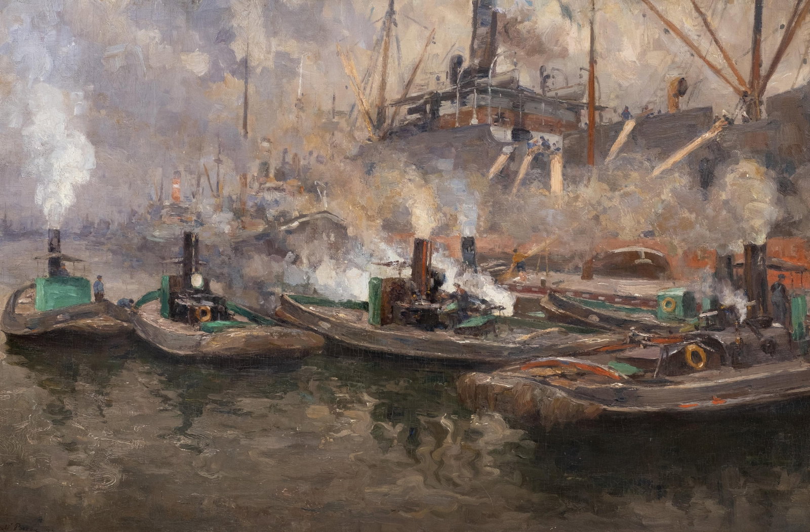 European Harbor Scene with Steam Tugs Oil Painting, Signed ,Dated 1912 (1 of 11)