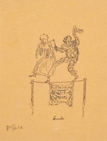 Small Ink Drawing of Two Clowns on Tightrope, Inscribed 'Freude' and Signed