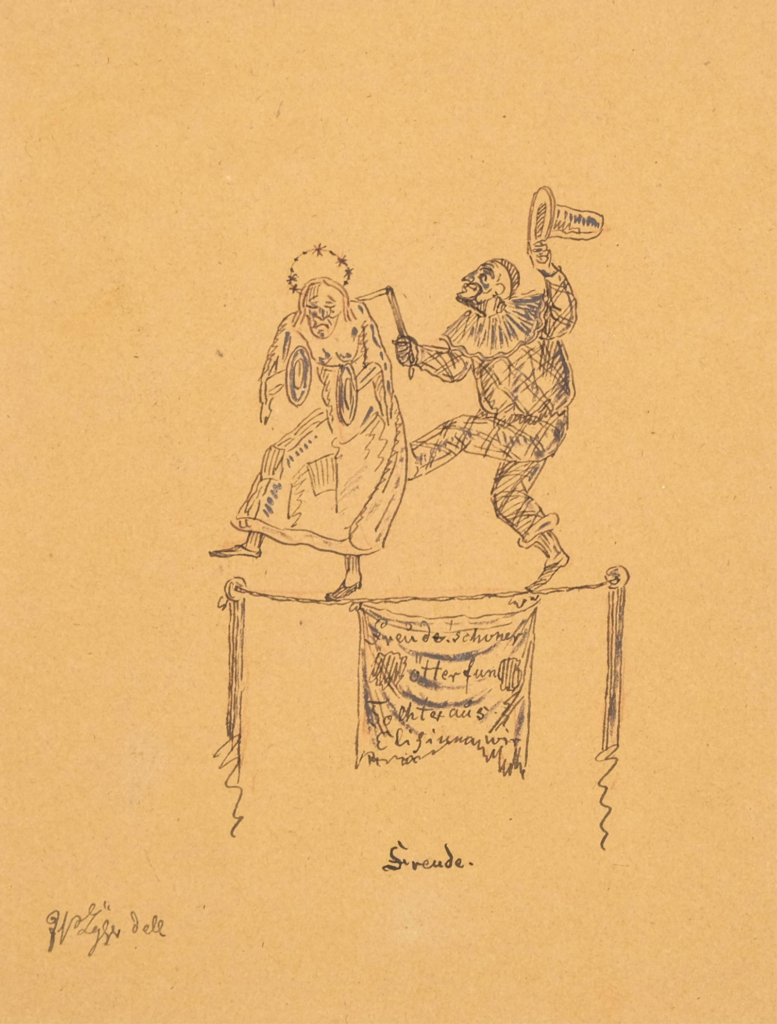Small Ink Drawing of Two Clowns on Tightrope, Inscribed 'Freude' and Signed (1 of 7)