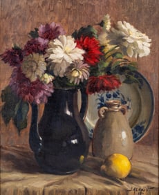 J. Alexis “Dahlias" French Still Life Oil Painting, 1930. signed