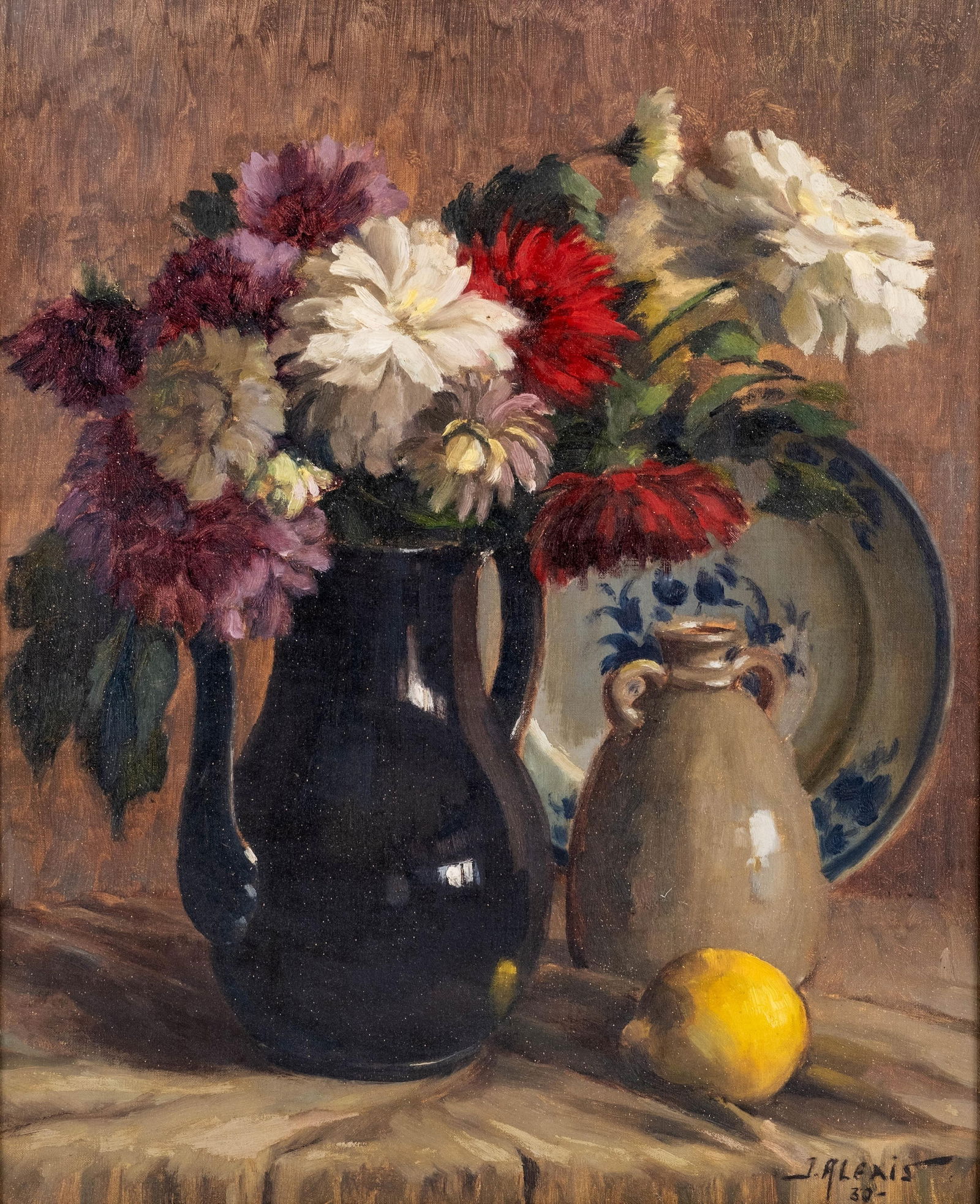 J. Alexis “Dahlias" French Still Life Oil Painting, 1930. signed (1 of 9)