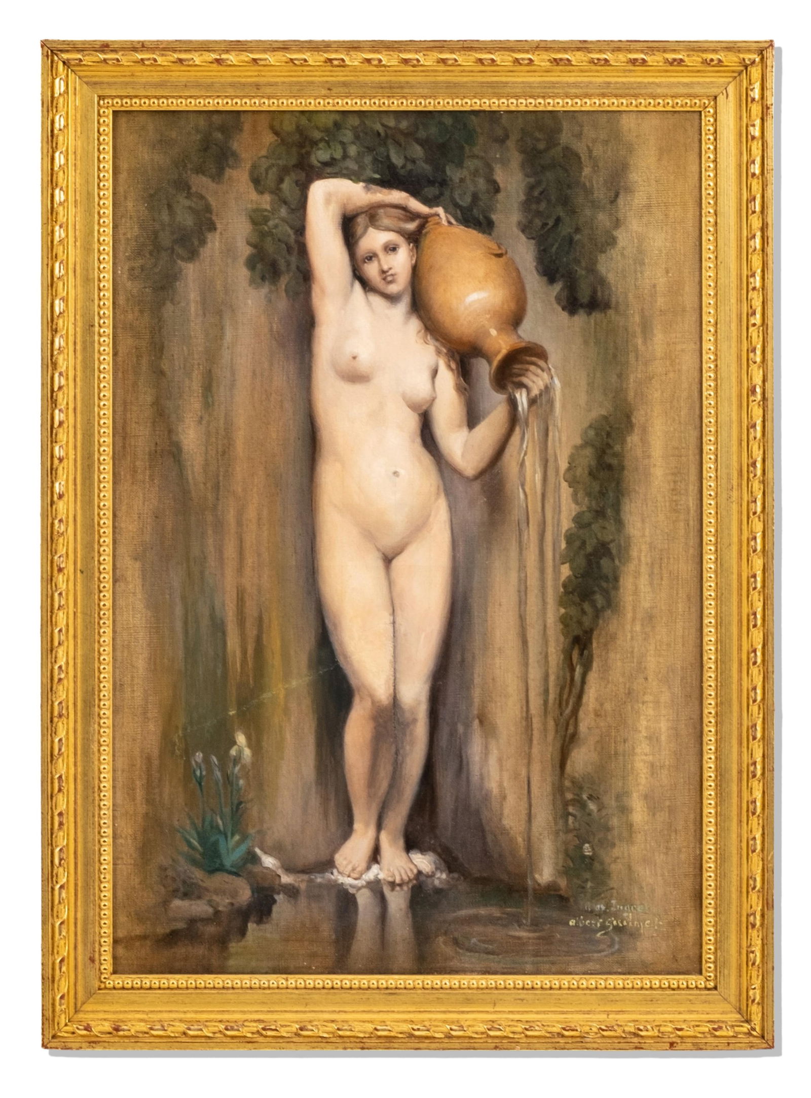 Mystery Artist: Signed Oil on Canvas Painting, 19th century: Keywords: Classical Style, Realism, Fine Art, Romantic Era, fine art, naturalism, European art, 19th centuryNO RESERVE 19th-century painting titled "The Source," oil on canvas, depicting a classical n