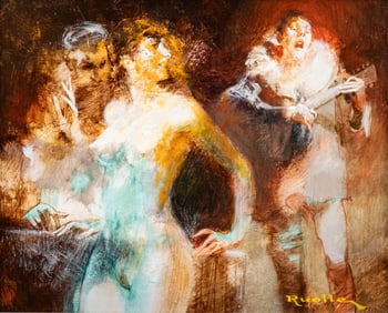 Lucien Ruolle Signed *the cabaret* Impressionist Oil on Canvas Painting, 20th C.