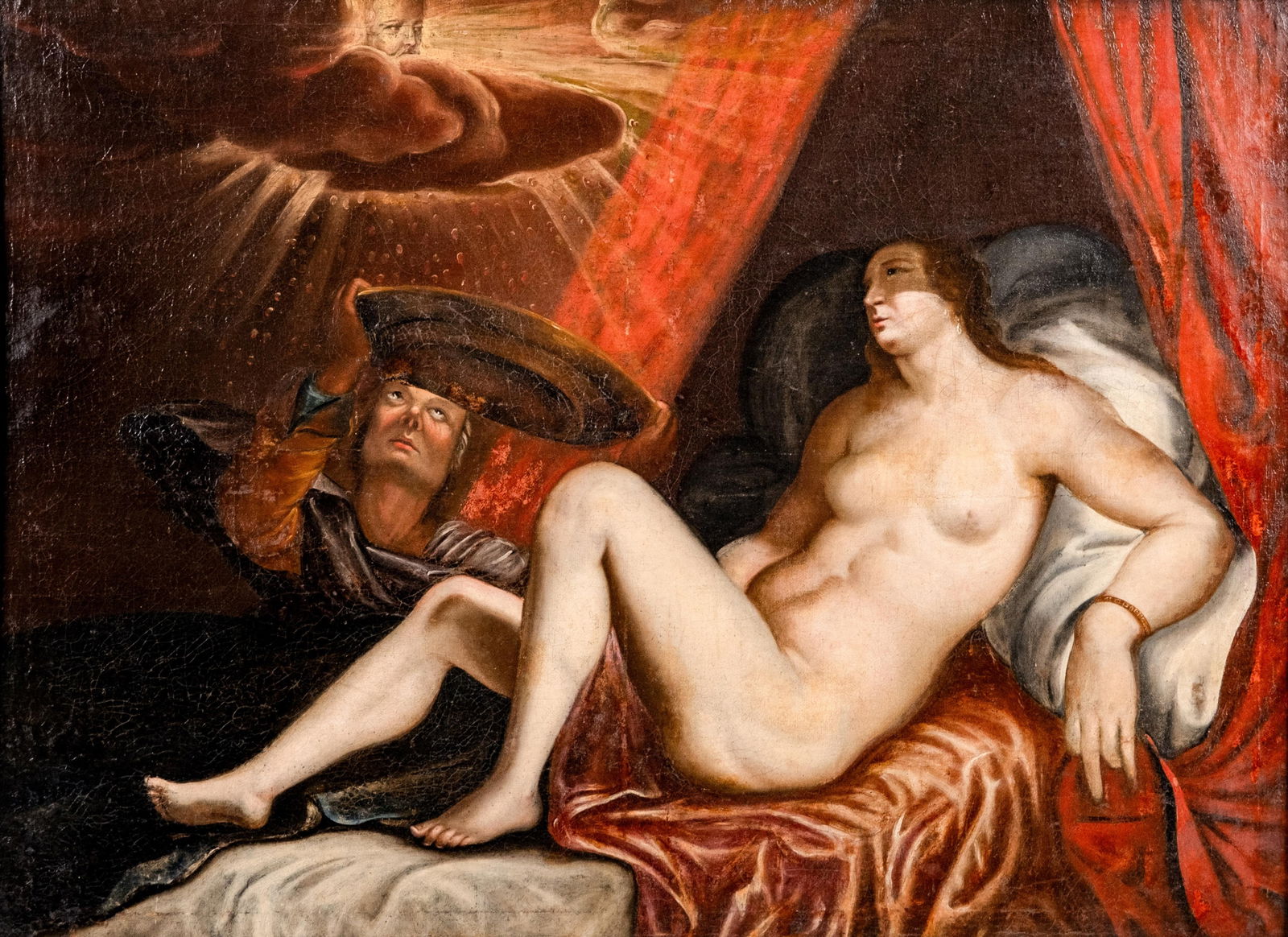 Flemish School Danae Oil on Panel Painting, Late 17th–Early 18th Century: Keywords: Baroque period, chiaroscuro painting, allegorical female nude, Flemish realism, 17th century art, mythological subject, Zeus and Danae, historical symbolism, Perseus origin story, European o