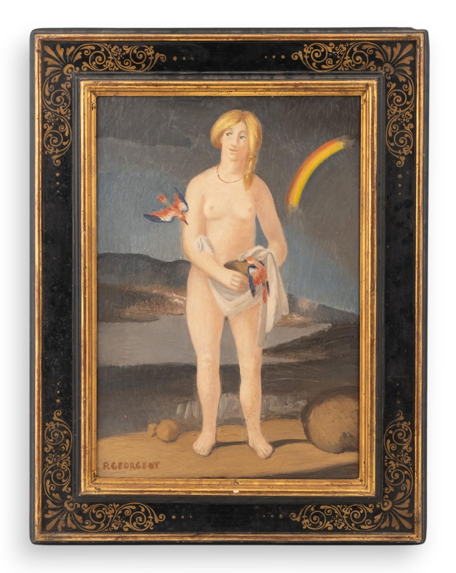 Pierre Georgeot Signed The Nest Oil on Panel Painting, Mid-20th Century: Keywords: mid-20th century, surrealist painting, oil on panel, signed artwork, nude figure, birds, symbolism, dreamlike imagery, framed painting, European artNO RESERVE (Pierre Georgeot 1914-1990), Th