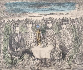 Yosl Bergner, The Tea Drinkers, Artist’s Proof Hand Colored Lithograph, 1966, Signed