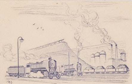 Mátio Stretti Signed Industrial Scene Ink Engraving