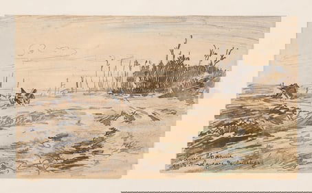 Pierre Chapuis, Souchez Station, Signed Watercolor Painting, 1915