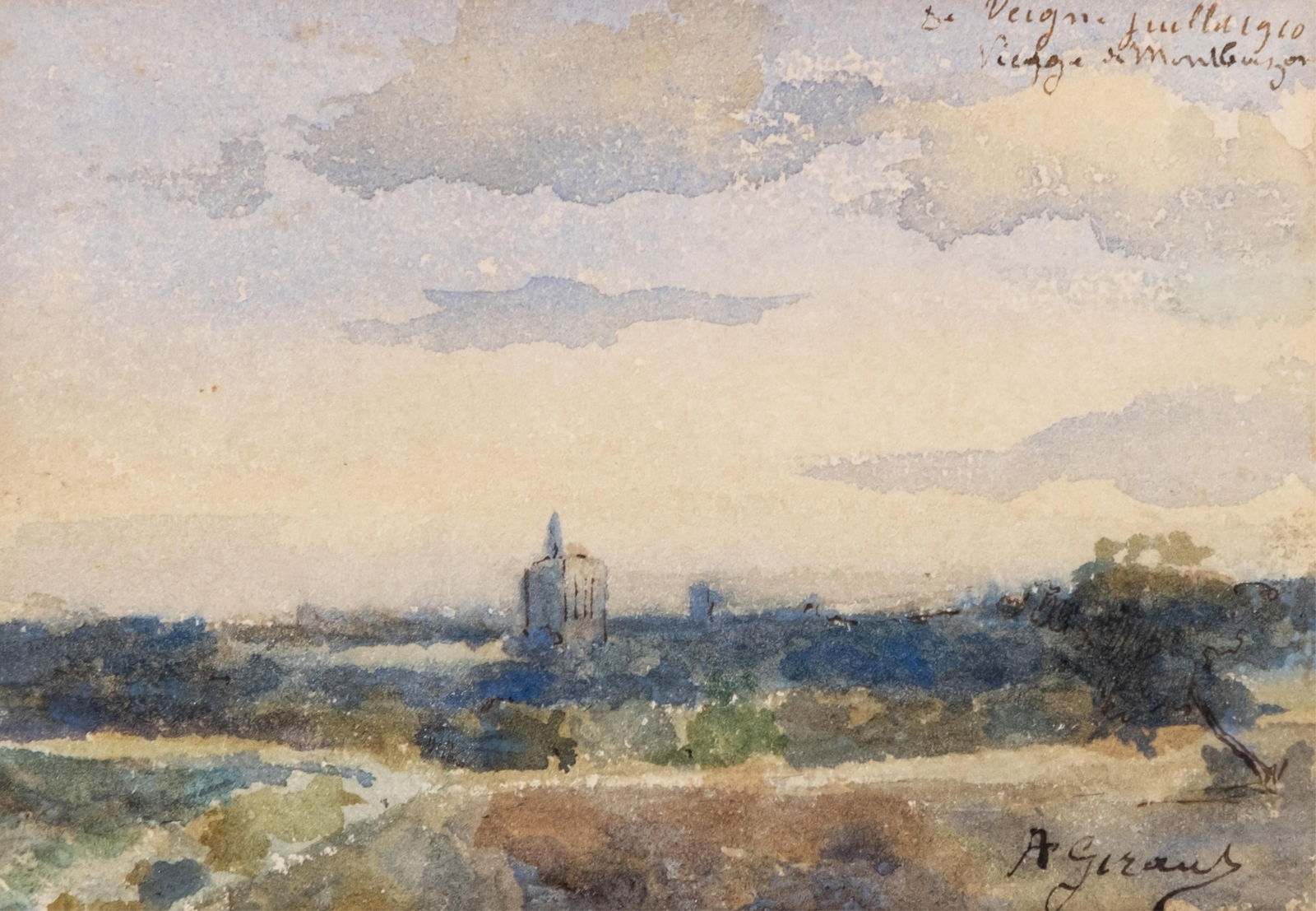 A. Giraud, Signed Watercolor Landscape Painting with Distant Church, 1910 (1 of 6)