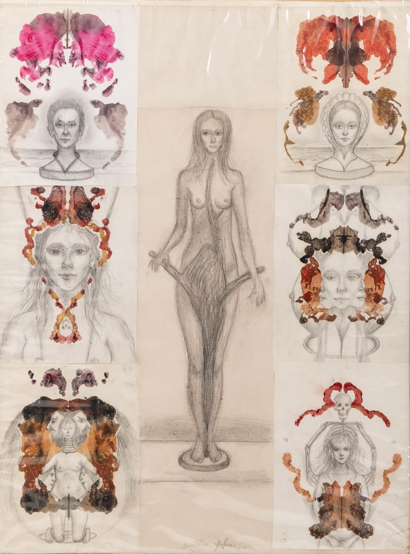 Signed Jean-Pierre Alaux Surrealist Mixed Media Collage: Keywords: French surrealism, surrealist art, graphite drawing, watercolor collage, female nude, psychological art, Rorschach style, Postmodern art, Avant-garde mixed media, Salvador Dalí style, Max E