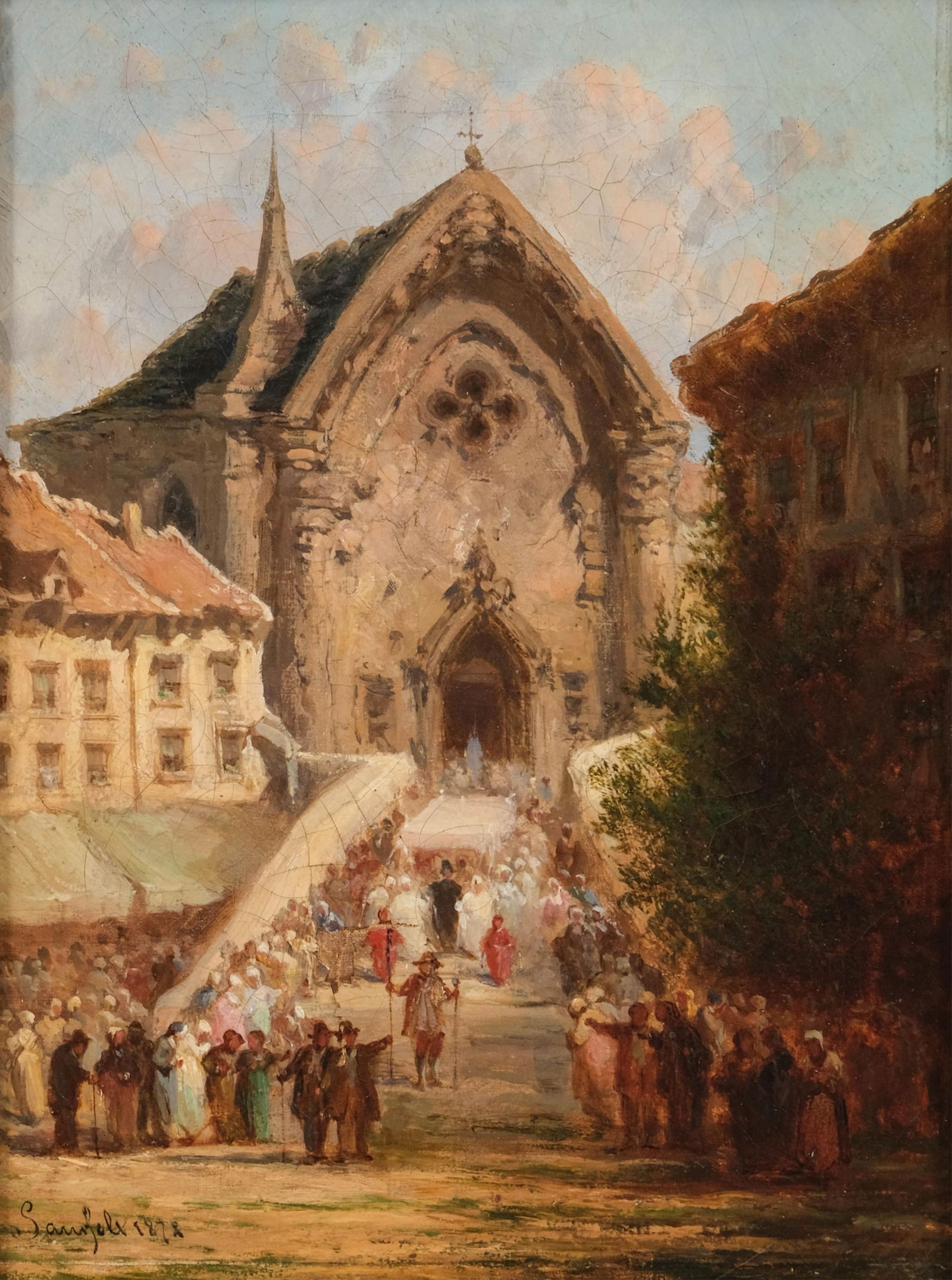 Signed Leonard Saurfelt View of Church with Procession, 1878, Oil on Canvas Painting (1 of 11)