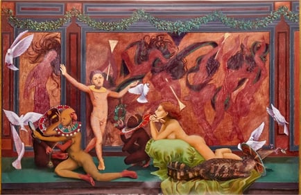 Jorge Alvarez Signed Oil on Canvas Mural Painting, Coming of Age Ceremony, 1995