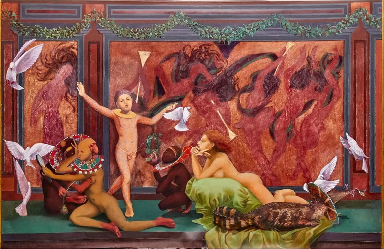 Jorge Alvarez Signed Oil on Canvas Mural Painting, Coming of Age Ceremony, 1995 (1 of 8)