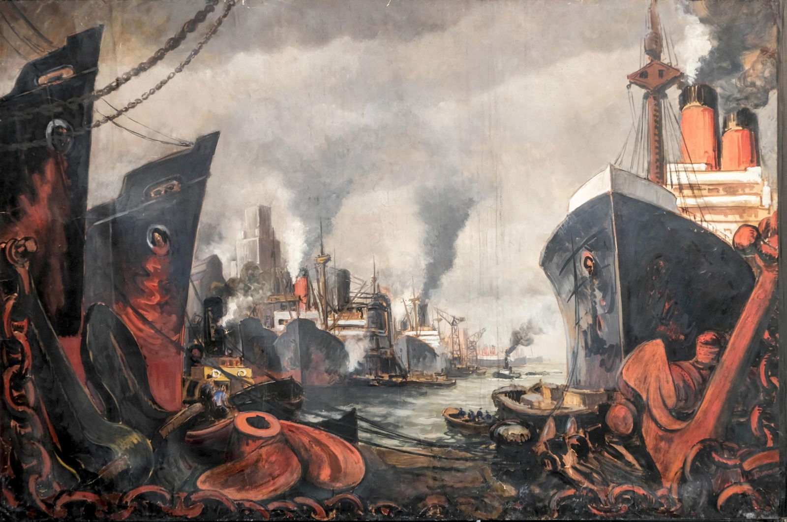 Large Joseph Marie Tournier, “View of the Port with Liners," Oil on Canvas Painting, Signed (1 of 16)