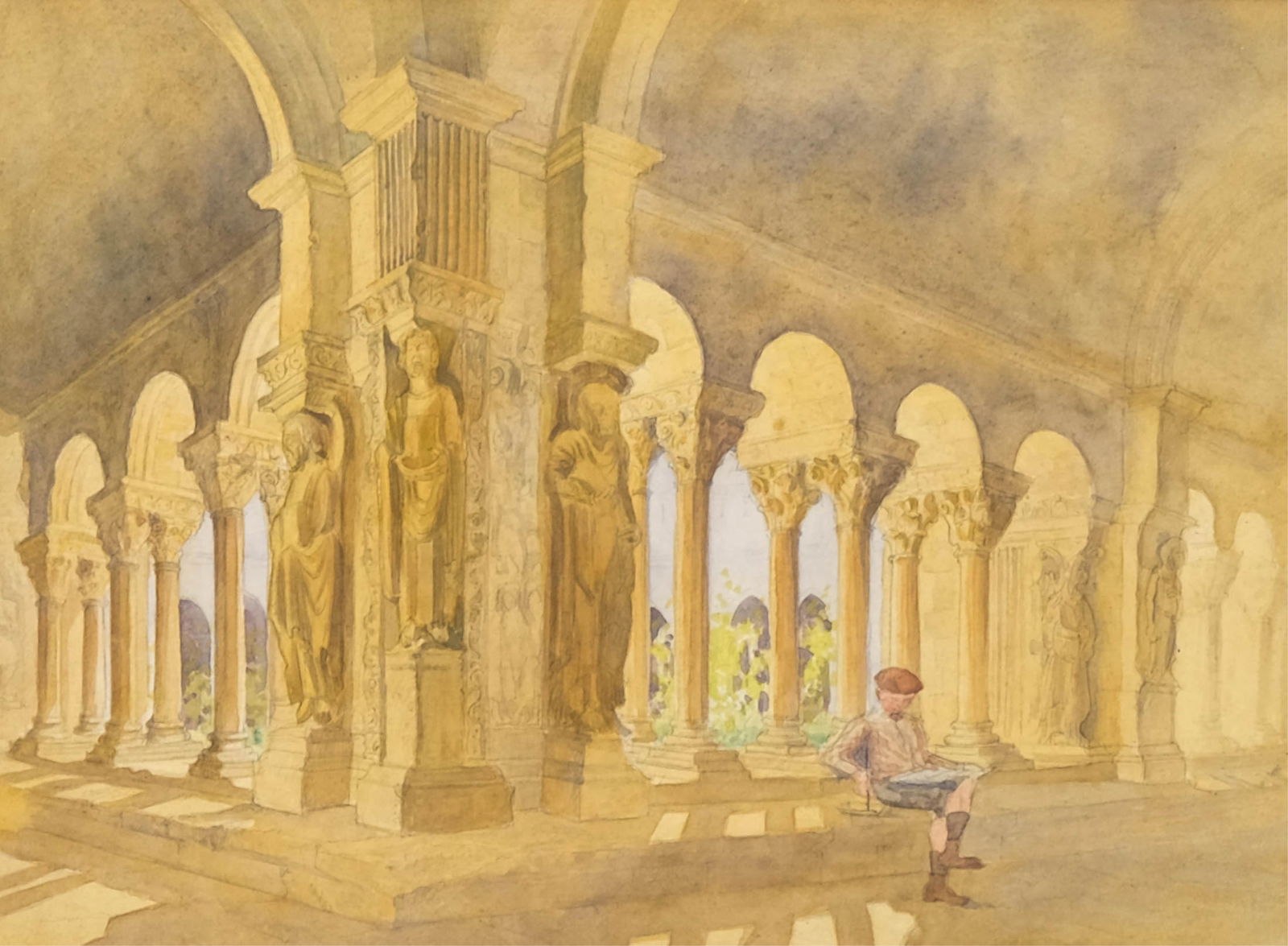 Mystery Artist: Architectural Watercolor Painting with Seated Figure in cloister, Circa 1930 (1 of 8)